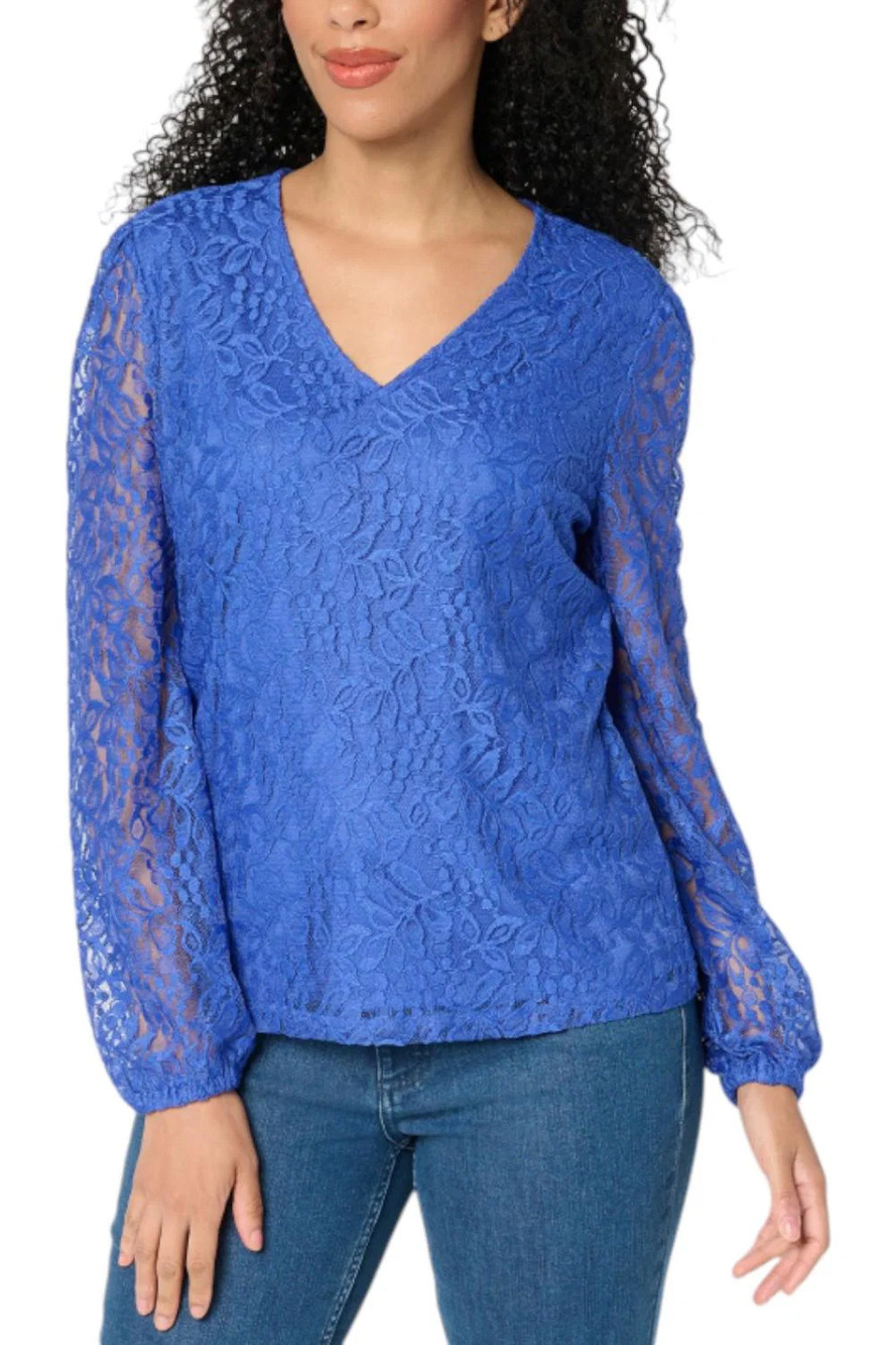 BEAUTIFUL by Lawrence Zarian V-Neck Stratch Lace Blouse Blue - Regular